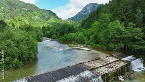 Logar Valley Savinja River Waterfall Slovenian Travel Landscape Aerial Drone Shot above Beautiful Nature, Eastern Europe photo