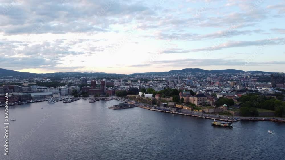 Aerial flying backwards from port, Oslo city in background, Norway Aerial flying backwards from port, Oslo city in background, Norway