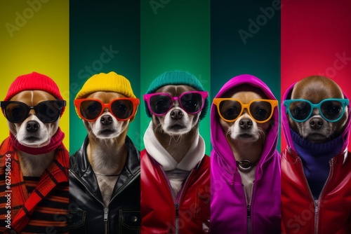 Cute Dog Photos Against a Colorful Background, Showcasing Expressive Faces and Emotional Expressions in a Low-Angle Shot, generative ai