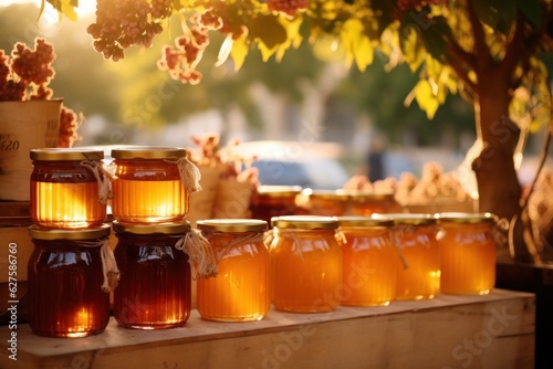 Honey and beeswax products at a vibrant farmers market. Natural bee products handcrafted with care by local beekeepers.