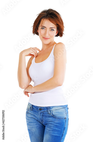 Fashion  smile and portrait of woman with beauty  trendy and cool clothes isolated in a transparent or png background. Confident  natural and young female person in casual or elegant jeans outfit