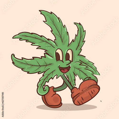 funky face weed walking retro style mascot. cannabis vintage style mascot vector illutration