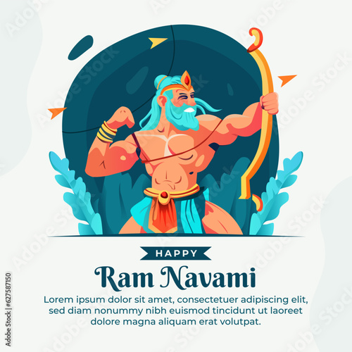 Happy ram navami with illustration of lord rama carrying bow and arrow social media post design template