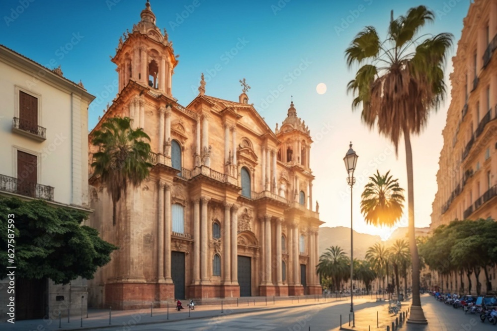 Malaga Cathedral at sunrise with blue sky viewed from Plaza del Obispo in Andalusia. Generative AI