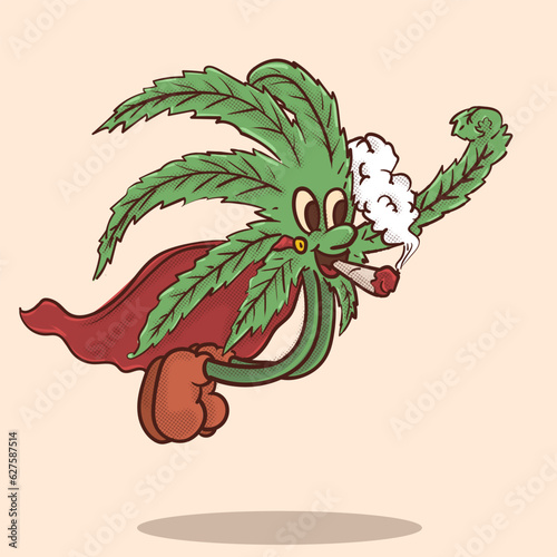 funky face weed flying while smoking retro mascot. cannabis vintage style mascot vector illutration