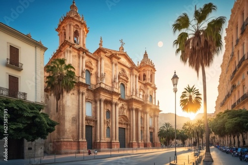 Malaga Cathedral at sunrise with blue sky viewed from Plaza del Obispo in Andalusia. Generative AI photo
