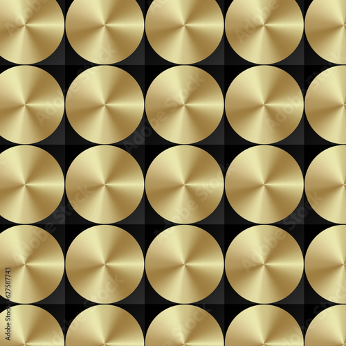 Geometric pattern with golden metal discs on a dark background.