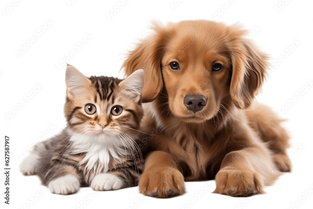 Isolated on Transparent Background Cat and Dog Together Looking at Camera. Generative AI