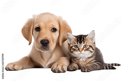 Isolated on Transparent Background Cat and Dog Together Looking at Camera. Generative AI