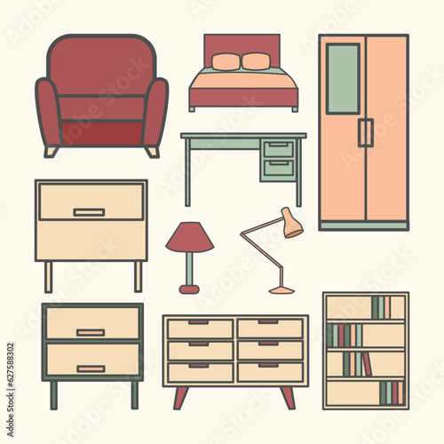 Set of House Furniture Simple Flat Line Illustration