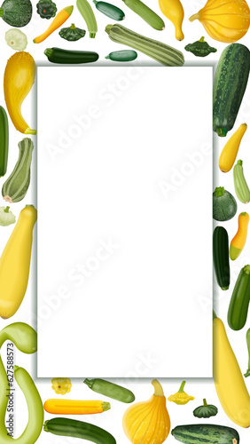 Vertical banner with different types of summer squash. Cucurbita. Cucurbitaceae. Fruits and vegetables. Isolated vector illustration. Template.