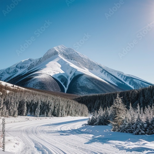 View of Caucasian Mountain in winter. Cross Pass in Georgia. Gudauri District.