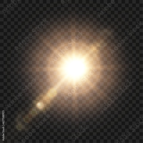 Bright sun shines with warm rays, vector illustration Glow gold star on a transparent background. Flash of light, sun, twinkle. Vector for web design and illustrations.	
