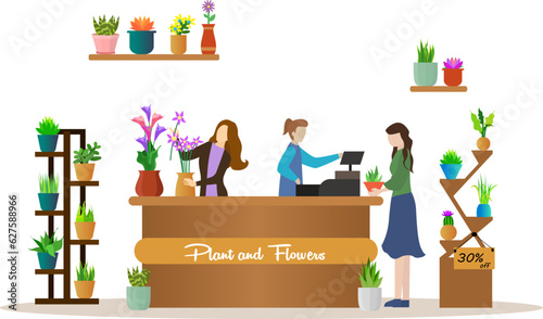 florist and plant store vector illustration, plant and flower shop concept, plant shop illustration, plant business, discount