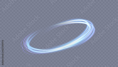 Dynamic blue lines with glow effect. Rotating shiny half rings. Abstract sparkling swirl, wave.
