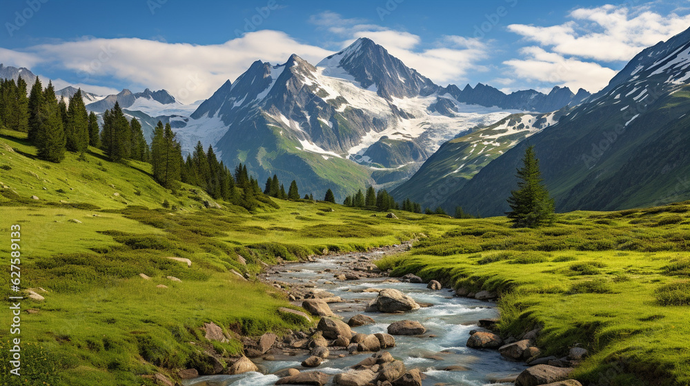 A serene view of snow-capped mountains towering above a peaceful alpine valley Generative AI