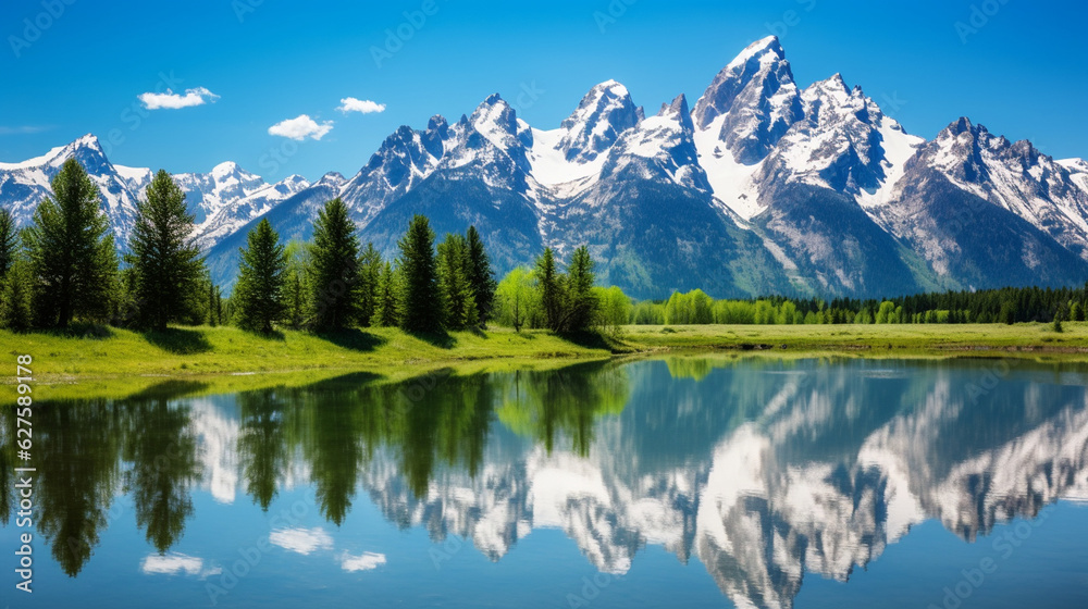 An idyllic view of a serene, mirror-like lake reflecting a majestic mountain peak Generative AI An idyllic view of a serene, mirror-like lake reflecting a majestic mountain peak Generative AI