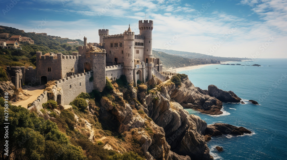 A captivating view of a medieval castle perched on a rocky cliff, overlooking the ocean Generative AI