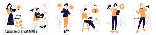 Dynamic Office Scenarios: Vector Illustration Set Featuring Men and Women Engaged in Phone Calls, Decision-Making, Innovative Ideas, Virtual Meetings, and Business Conversations