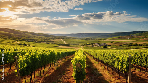 A charming view of a vineyard in the countryside, with rows of grapevines stretching into the distance Generative AI