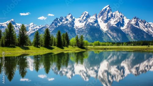 An idyllic view of a serene, mirror-like lake reflecting a majestic mountain peak Generative AI © Наталья Евтехова