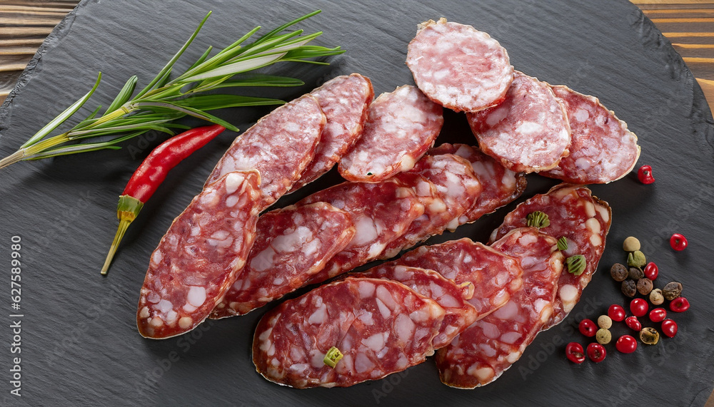 fuet sausage cut in slices on a black slate plate with peppercorns, sliced chili and fresh rosemary, view from above, close-up fuet sausage cut in slices on a black slate plate with peppercorns, sliced chili and fresh rosemary, view from above, close-up