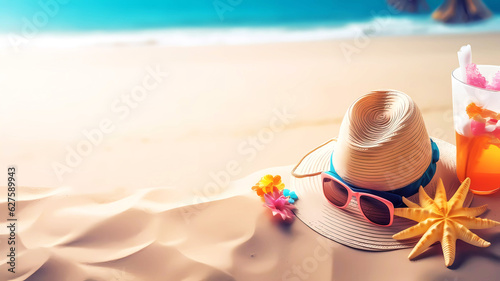 Beach background with straw hat and cocktail. Generative ai design.