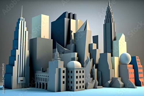 Simple 3D cityscape of NYC with blue and cubist aesthetic. Generative AI