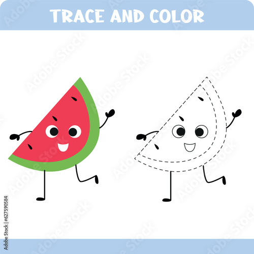 Watermelon. Trace the line game for kids. Educational activity worksheets.