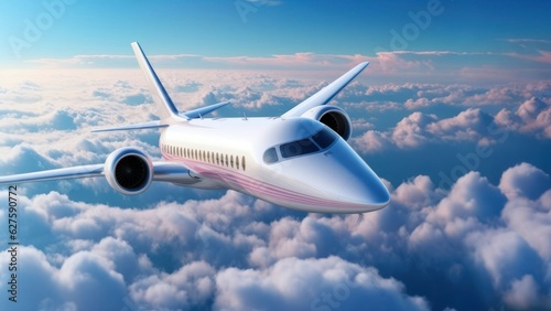 Modern futuristic supersonic passenger jet over clouds photo