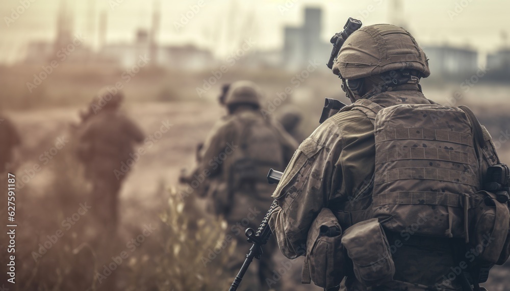 Fototapeta premium Military soldiers with assault rifles from the back