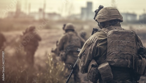 Military soldiers with assault rifles from the back