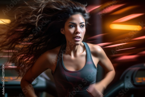 close up portrait of athletic and sexy woman working out at gym on a treadmill. in motion details of woman running