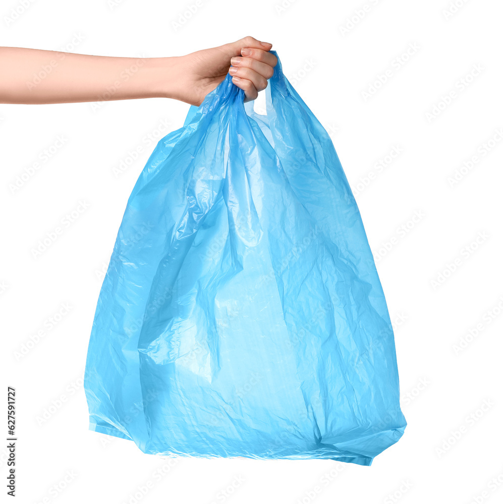 Woman holding light blue plastic bag on white background, closeup Woman holding light blue plastic bag on white background, closeup