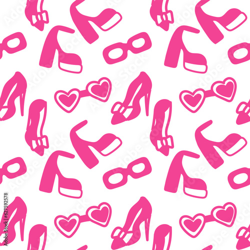 Barbiecore seamless background. Vector, flat style. Shoes and glasses. Can be used for creating trendy and stylish designs with a Barbiecore theme, perfect for fashion-related projects, stationery