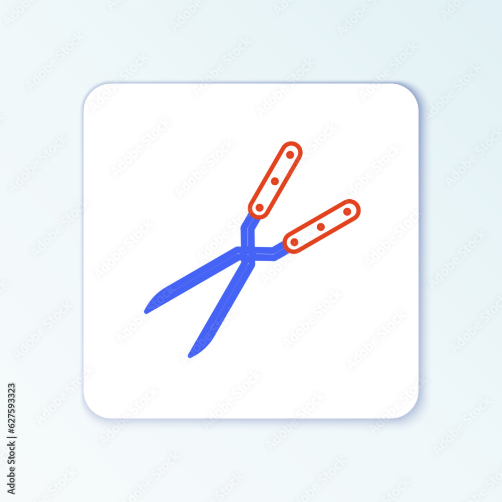 Line Gardening handmade scissors for trimming icon isolated on white background. Pruning shears with wooden handles. Colorful outline concept. Vector Line Gardening handmade scissors for trimming icon isolated on white background. Pruning shears with wooden handles. Colorful outline concept. Vector