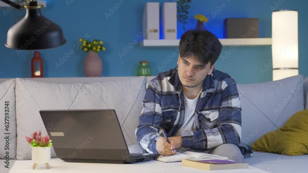 Successful student looks at the camera with a smile while studying at home. Successful student looks at the camera with a smile while studying at home.