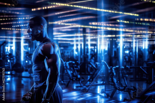 close up portrait of athletic muscular man working out in the gym. LED lights and low light setup in motion