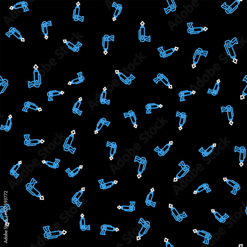 Line Fishing harpoon icon isolated seamless pattern on black background. Fishery manufacturers for catching fish under water. Diving underwater equipment. Vector