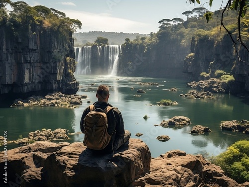 A traveler sitting at the edge of a breathtaking cliff, overlooking a vast canyon below, with a serene waterfall cascading into a crystal-clear pool generative ai