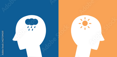 Mental health concept. depreesed and happy head illustration for therapist, psychology