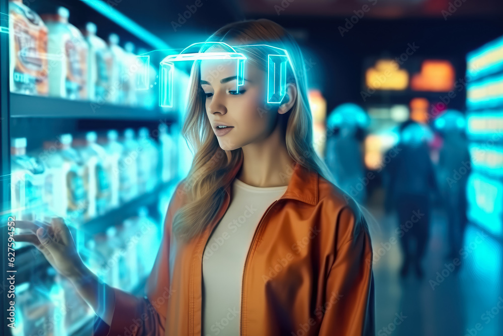 Women in shopping mall to use hologram display in the shop , shopping online technology virtual reality in retail combine , Created with Generative Ai Women in shopping mall to use hologram display in the shop , shopping online technology virtual reality in retail combine , Created with Generative Ai