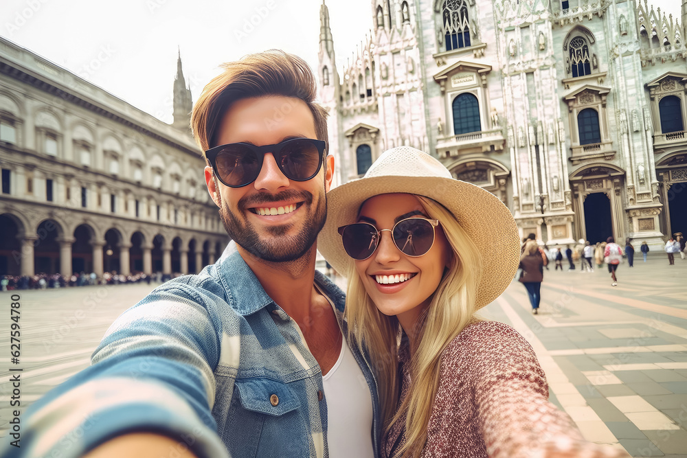 Happy couple selfie together against ancient sightseeing background , Traveling young couple lovers having fun on city street , Created with Generative Ai