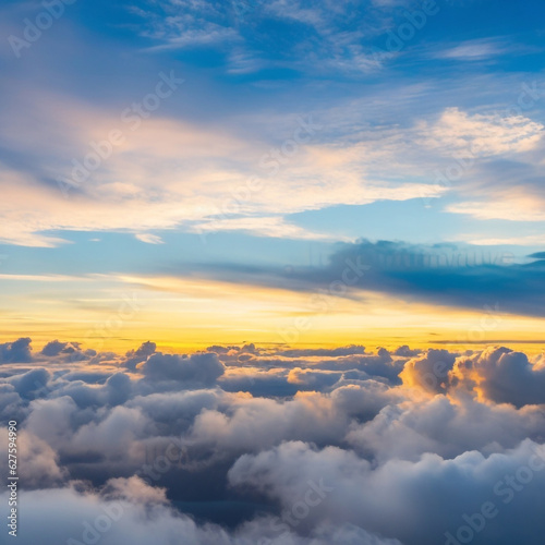 Dramatic white clouds and blue sky from airplane window view Colorful sunset cloudscape background. Generative AI