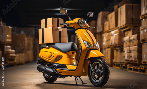 Delivery by moped. Fast delivery. Many cardboard boxes and a scooter. Generative AI