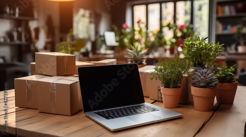 Online shopping. Cardboard boxes and a laptop. Ordering goods in the online store. A bouquet of flowers at home. Generative AI