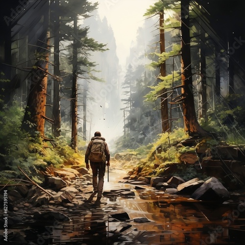 A lone hiker trekking through a mystical forest filled with towering ancient trees generative ai
