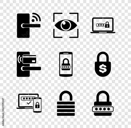 Set Digital door lock with wireless, Eye scan, Laptop password, Two steps authentication, Lock and Password protection icon. Vector