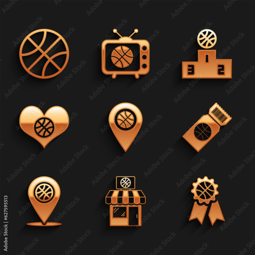 Set Location with basketball ball, Sports shop and, Basketball award, game ticket, Heart, winner podium and icon. Vector Set Location with basketball ball, Sports shop and, Basketball award, game ticket, Heart, winner podium and icon. Vector