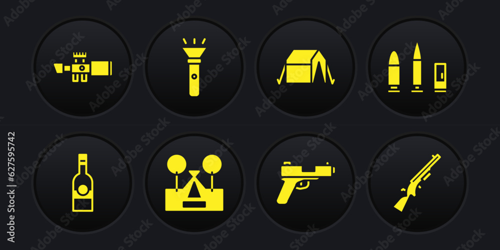 Set Bottle of vodka, Bullet and cartridge, Tourist tent, Pistol or gun, Flashlight, Shotgun and Sniper optical sight icon. Vector Set Bottle of vodka, Bullet and cartridge, Tourist tent, Pistol or gun, Flashlight, Shotgun and Sniper optical sight icon. Vector